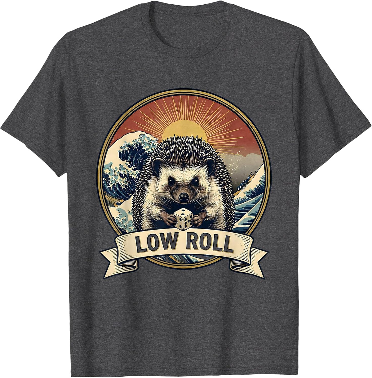 Men's Low Roll Solitary Hedgehog Gamer Frog Ukiyo-e Novelty T-Shirt - Dark Heather Grey
