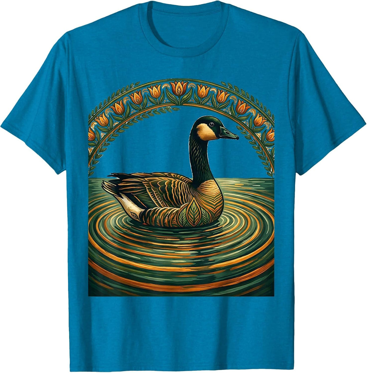 Goose Silhouette Misty Lake at Dawn Graphic T-Shirt - Sapphire Blue