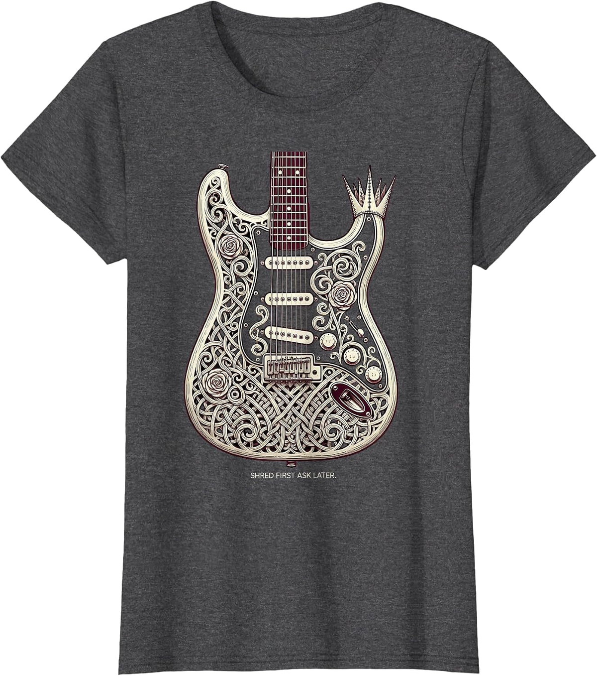 Women's Shred First Ask Later Heavy Metal Guitar Design T-Shirt - Dark Heather Grey
