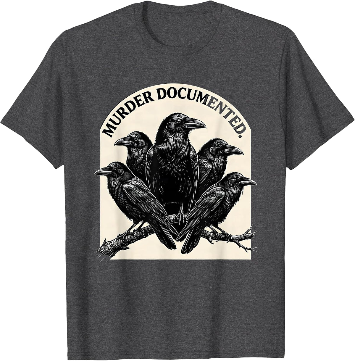 Men's Murder Documented Scratchboard Crow Raven Dark Humor Gothic T-Shirt - Dark Heather Grey