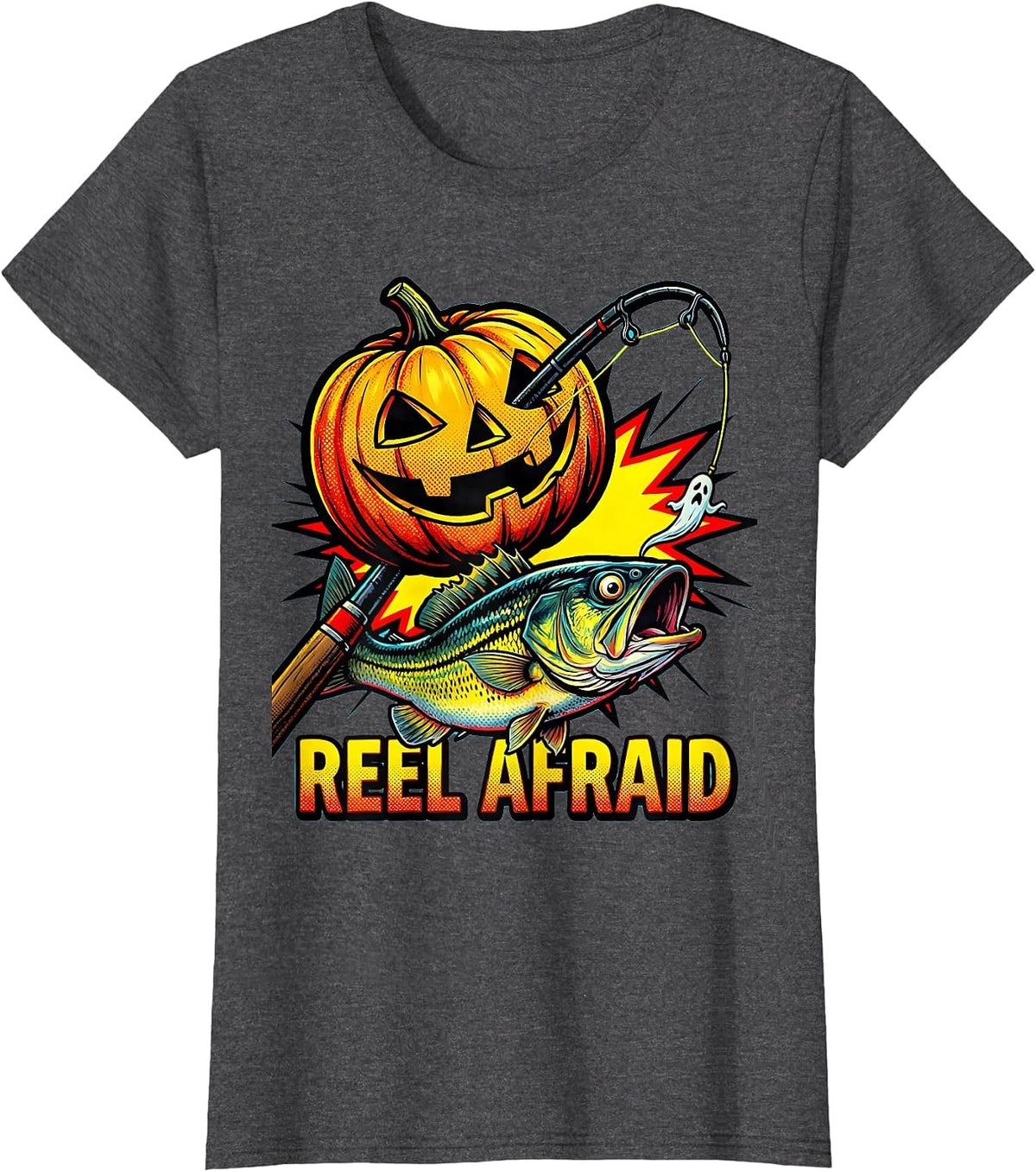 Women's Reel Afraid Pop Art Halloween Fishing Spooky Season T-Shirt - Dark Heather Grey