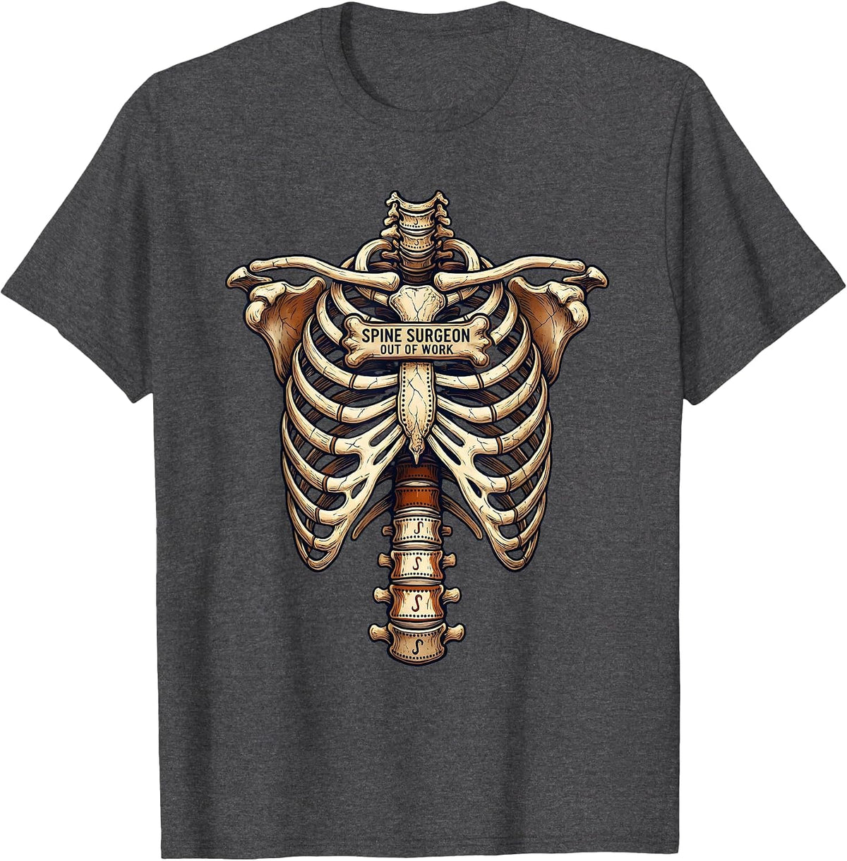 Men's Spine Surgeon Out Of Work Halloween Skeleton Pun T-Shirt - Dark Heather Grey