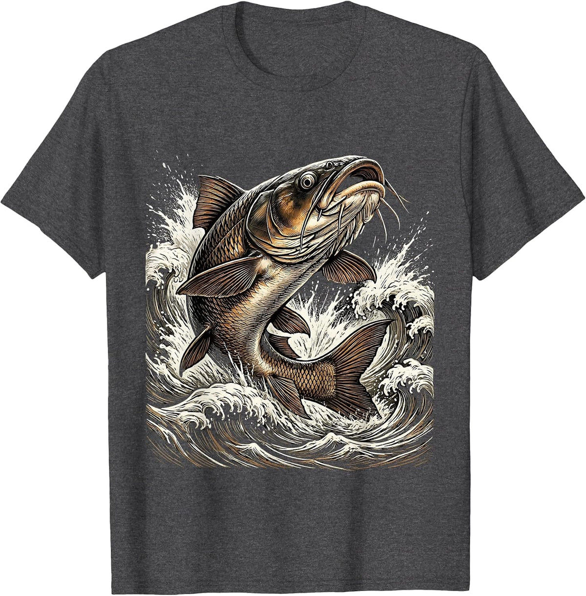 Tennessee River Catfish Leaping Rapids Illustration T-Shirt - Dark Heather Grey