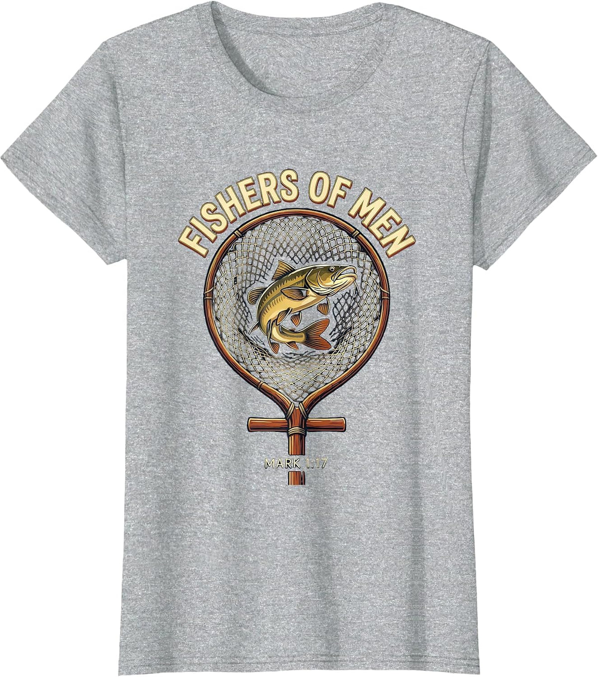 Women's Fishers Of Men Mark 1:17 Christian Fishing Humor Emblem T-Shirt - Heather Grey