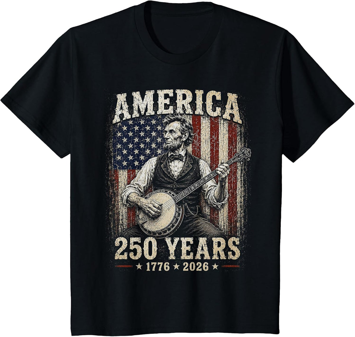 Vintage Abraham Lincoln Banjo Bluegrass 250 Years T-Shirt - Black