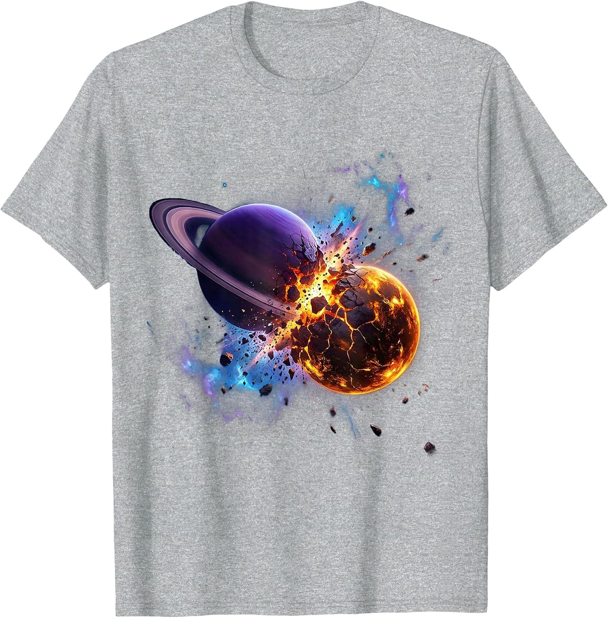 Men's Two Planets Colliding in Deep Space Illustration T-Shirt - Heather Grey