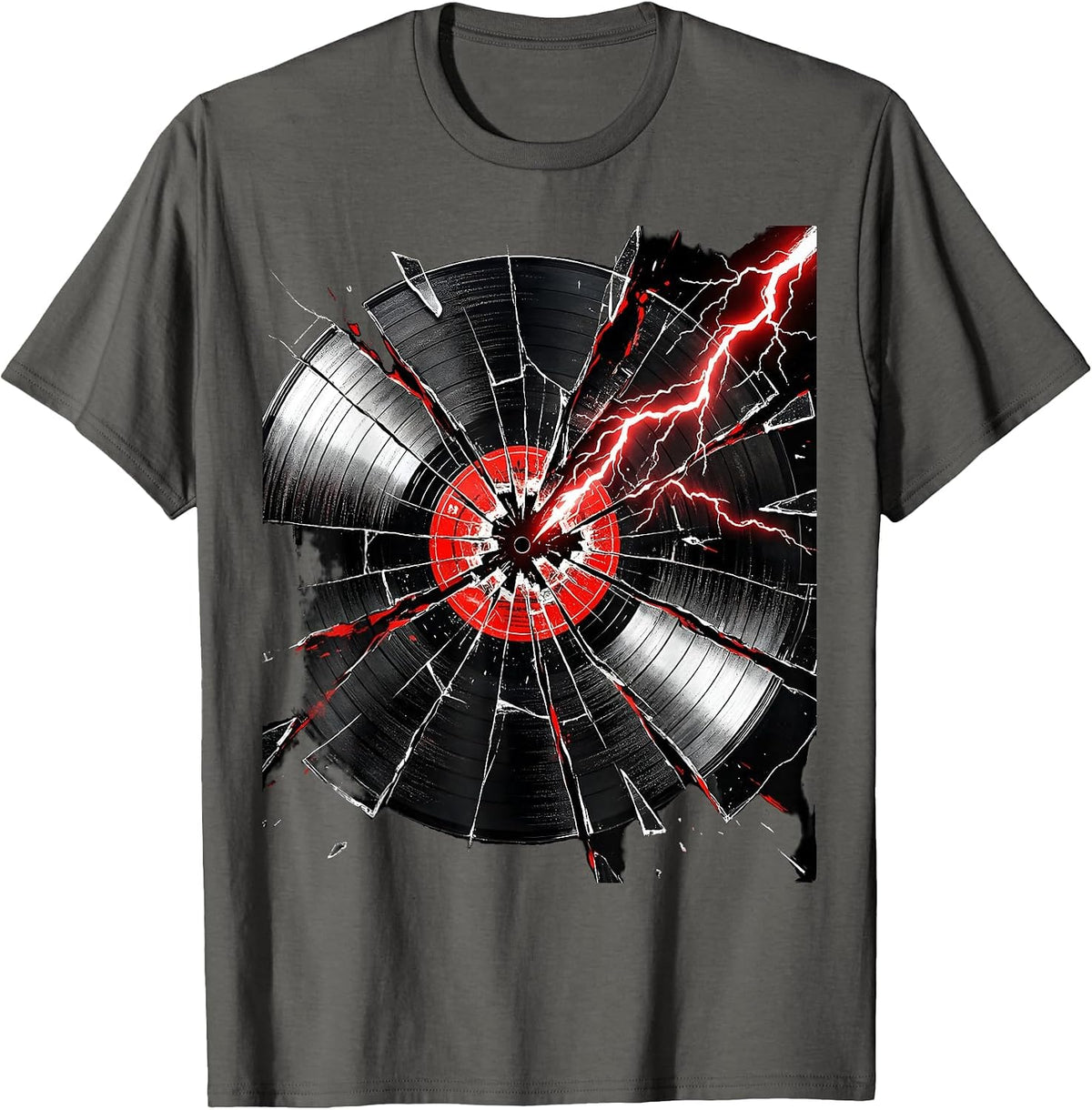 Cracked Vinyl Record Lightning Rock Graphic Tee T-Shirt - Asphalt Grey