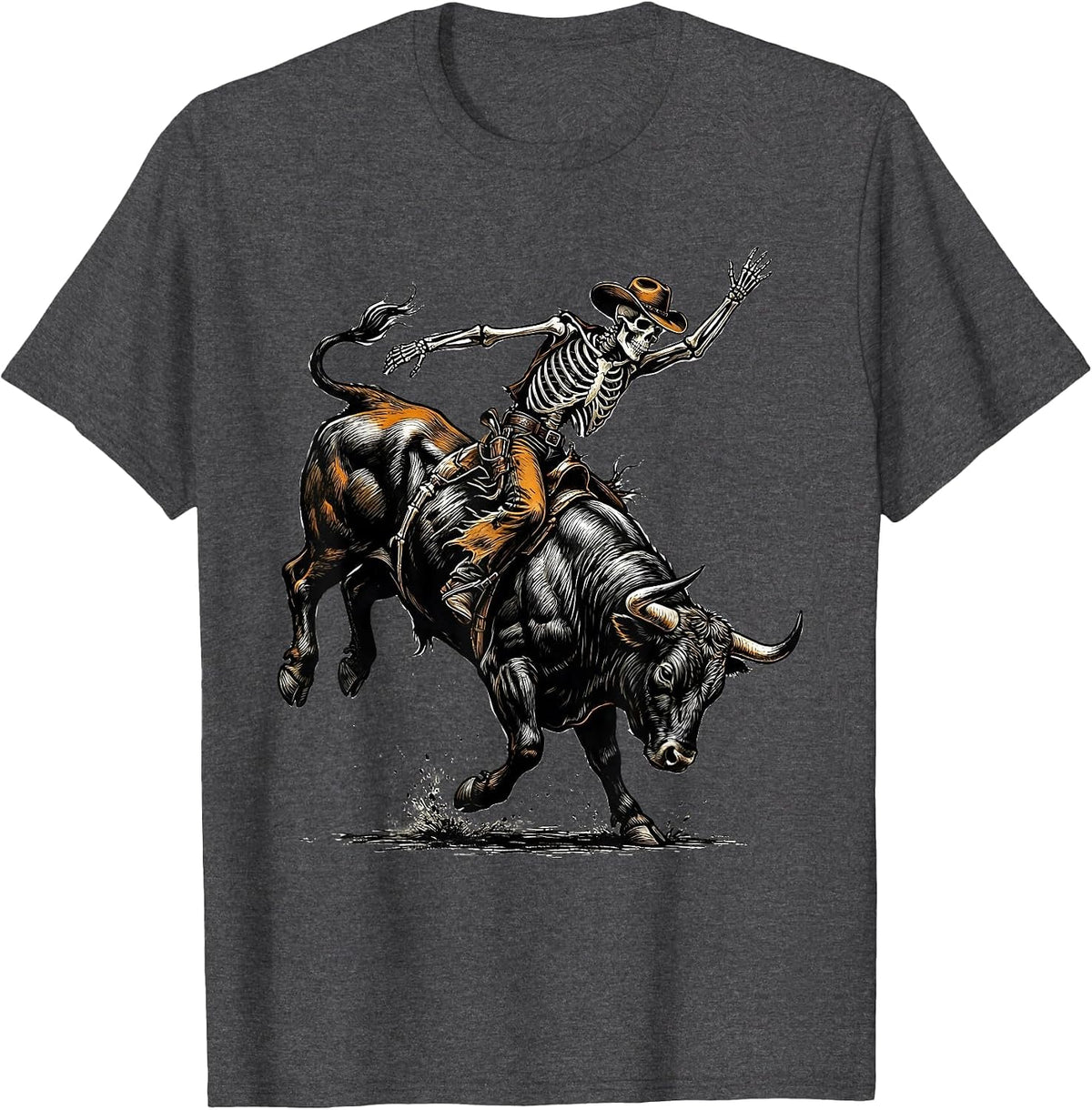 Men's Skeleton Cowboy Riding Bucking Bull Rodeo Art T-Shirt - Dark Heather Grey