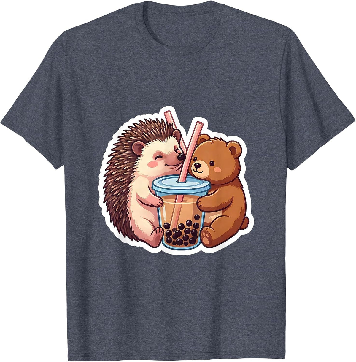 Hedgehog and Bear Boba Tea Kawaii Anime Girls Cute T-Shirt - Heather Blue
