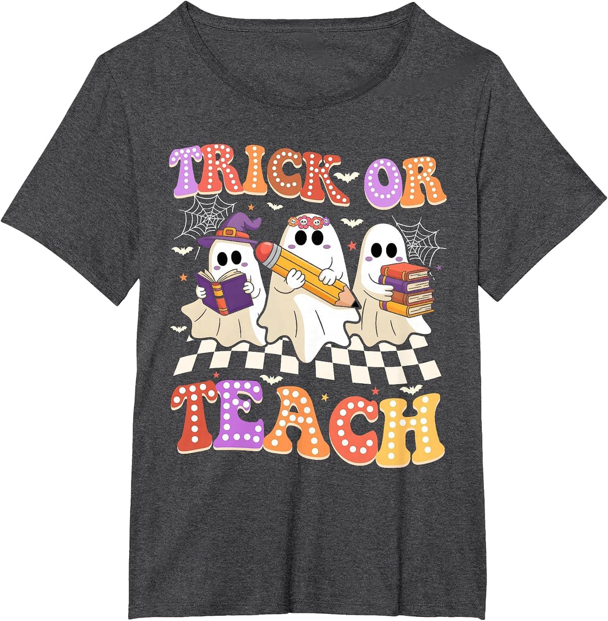 Halloween Groovy Retro Trick Or Teach Teacher Ghost Boo T-Shirt - Dark Heather Grey