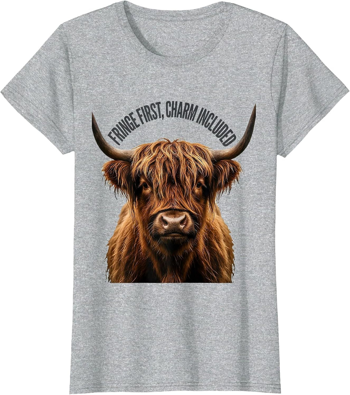 Fringe First Charm Included Cute Highland Cow Scottish Humor T-Shirt - Heather Grey