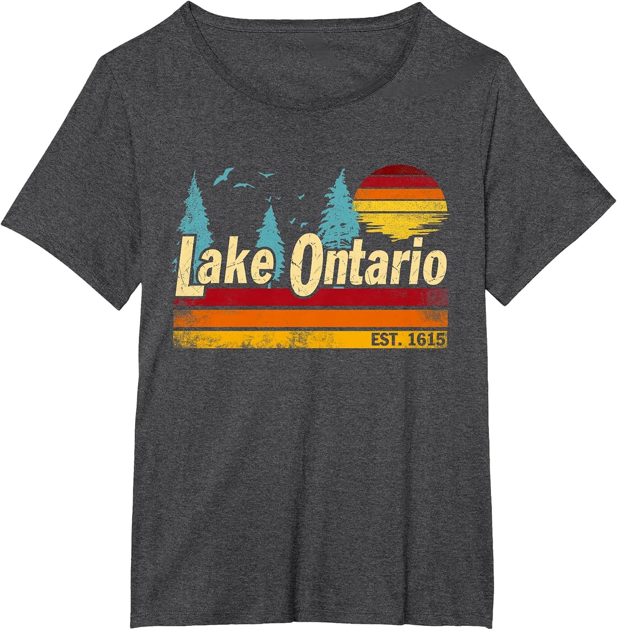 Lake Ontario T-Shirt Men Women Vintage Sunset Tees Retro EST 1615 Graphic Tee - Dark Heather Grey