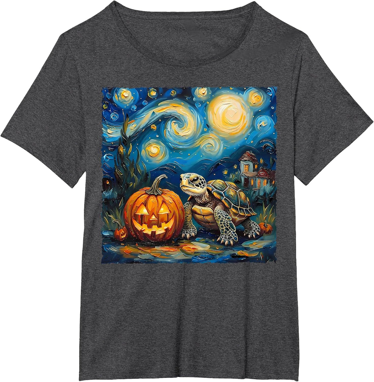 Turtle Pumpkin Van Gogh Starry Night Style Artwork Halloween T-Shirt - Dark Heather Grey