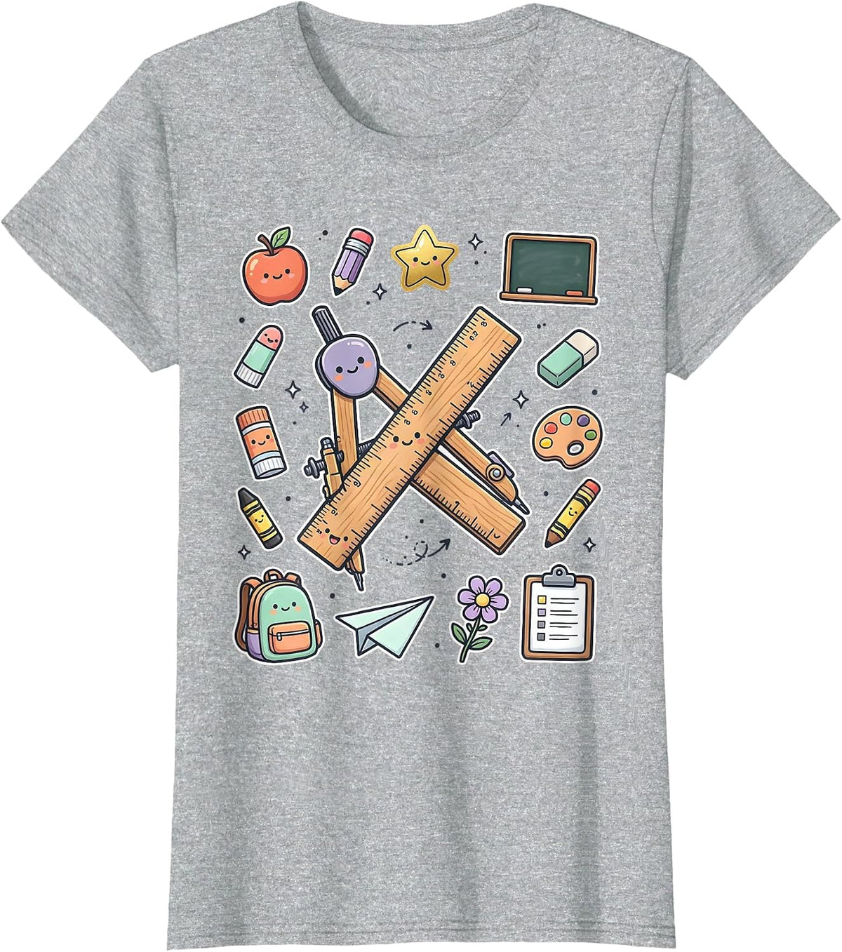 4th Grade Teacher Ruler Compass Crossed Design T-Shirt - Heather Grey