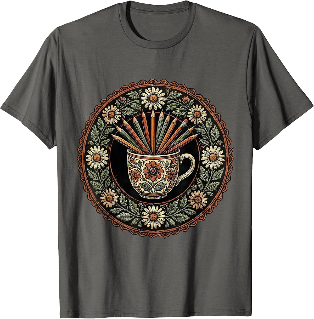 Men's Elementary Teacher Coffee Mug Pencils Graphic T-Shirt - Asphalt Grey