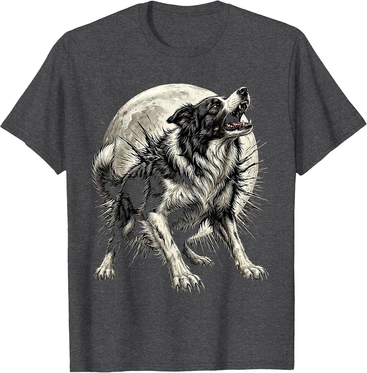 Border Collie Werewolf Halloween Howling Design T-Shirt - Dark Heather Grey