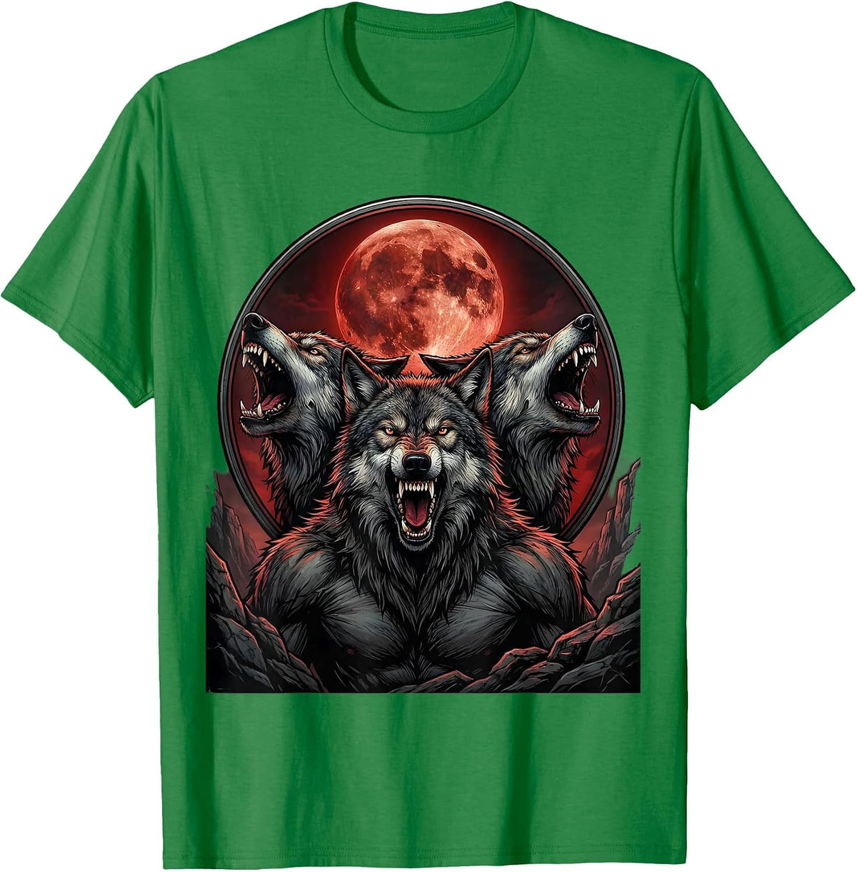Men's Three-Headed Wolf Blood Moon Heavy Metal Design T-Shirt - Kelly Green