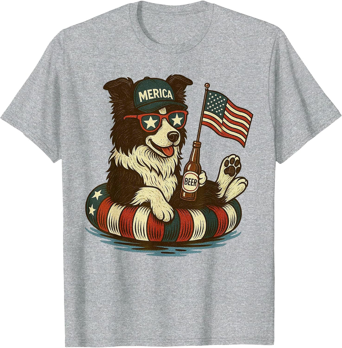 Border Collie America Flag Patriotic Boxer Dog Lover 4th of T-Shirt - Heather Grey