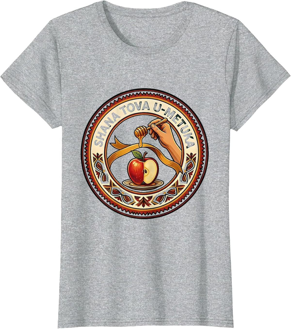 Women's Shana Tova U'Metuka Folk Art Rosh Hashanah Jewish New Year T-Shirt - Heather Grey