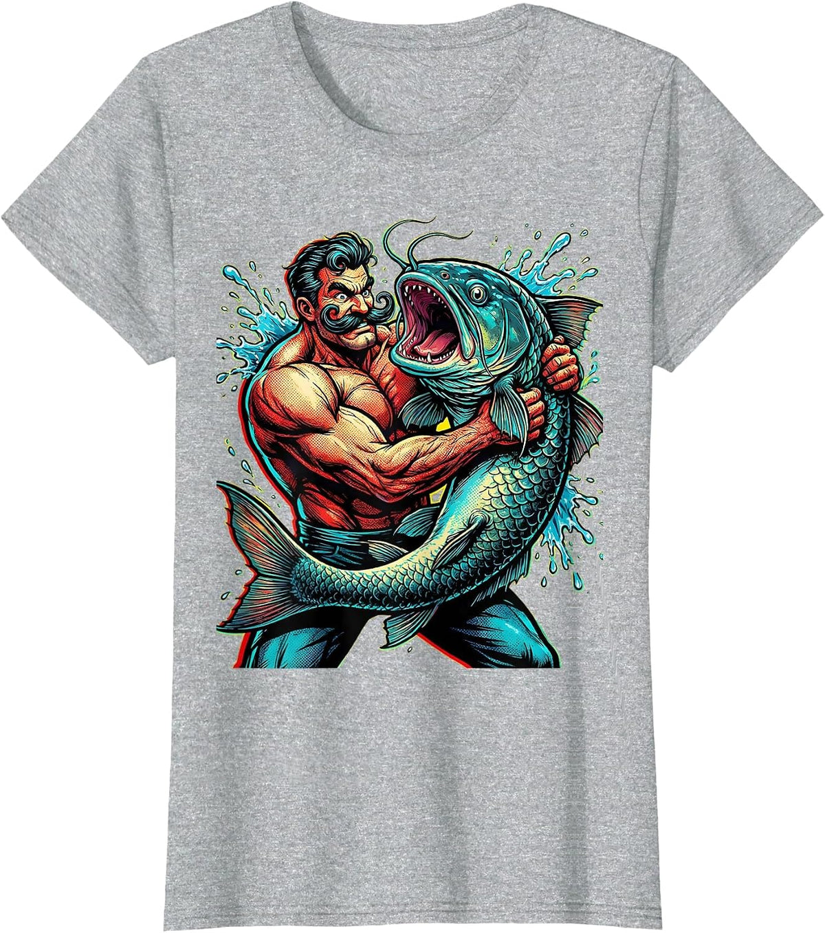 Women's Catfish Wrestling Mustached Fighter Novelty Graphic T-Shirt - Heather Grey