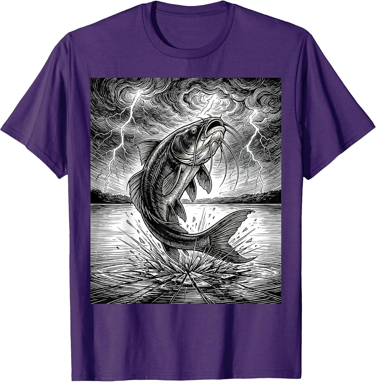 Men's Catfish Leaping From Lake Into Storm Graphic T-Shirt - Purple