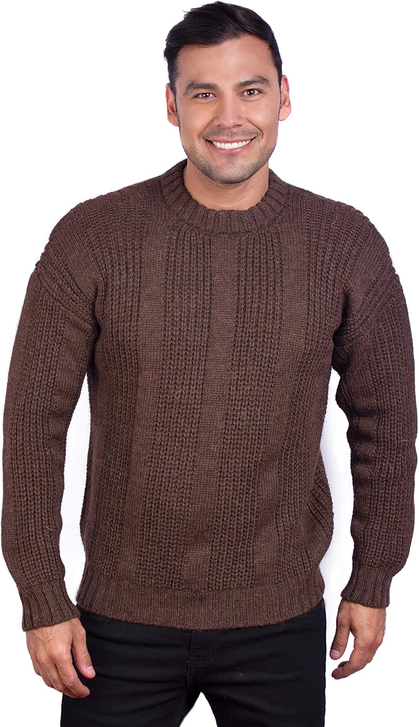 Men’s Hand Knit Long Sleeve Crewneck Brown Alpaca Sweater - Brown
