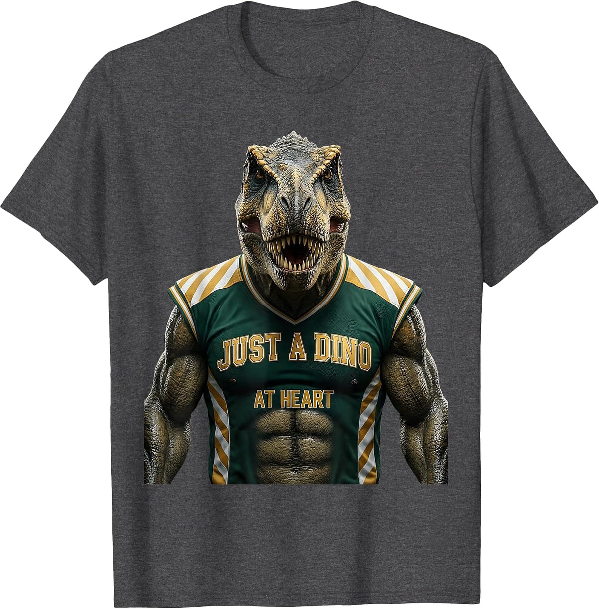 Just a Dino at Heart Dinosaur Lover Design T-Shirt - Dark Heather Grey