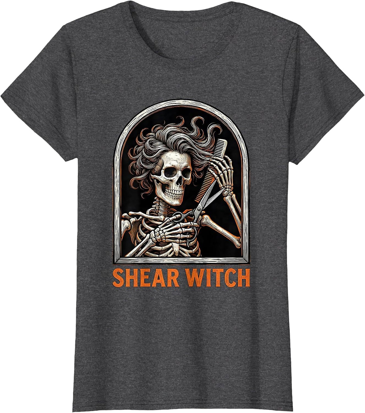 Women's Shear Witch Funny Skeleton Hairdresser Halloween Barber T-Shirt - Dark Heather Grey