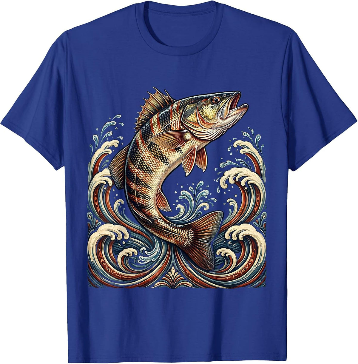 Striped Bass Leaping Ocean Waves East Coast T-Shirt - Royal Blue