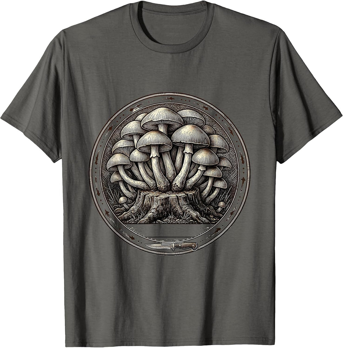 Honey Mushroom Colony Crosshatch Etching Forager Humor T-Shirt - Asphalt Grey