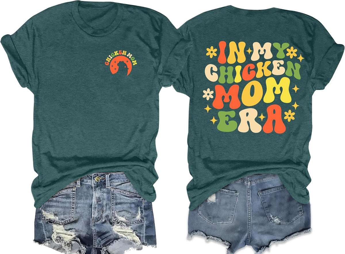 Mama Shirts for Women in My Chicken Mom Era Tee Funny Letter Print Mother's Day Casual Short Sleeve Tops - Dark-green