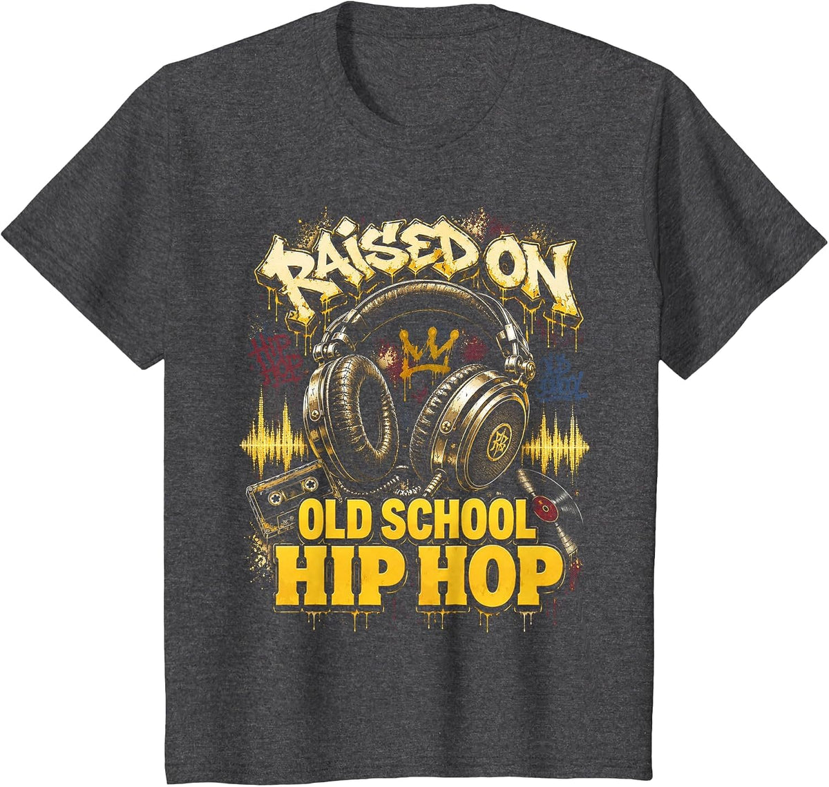 Raised On Old School Hip Hop Cassette Graffiti Rap T-Shirt, Youth, Dark Heather Grey, Medium - As Pictured