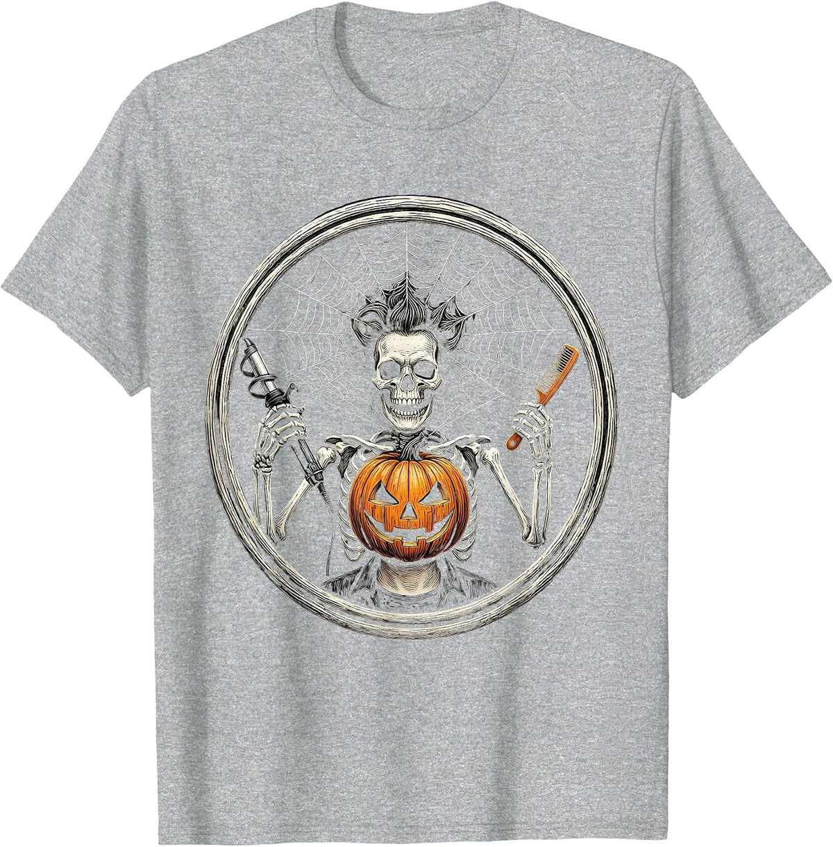 Men's Skeleton Hairstylist Pumpkin Barber Halloween Humor T-Shirt - Heather Grey