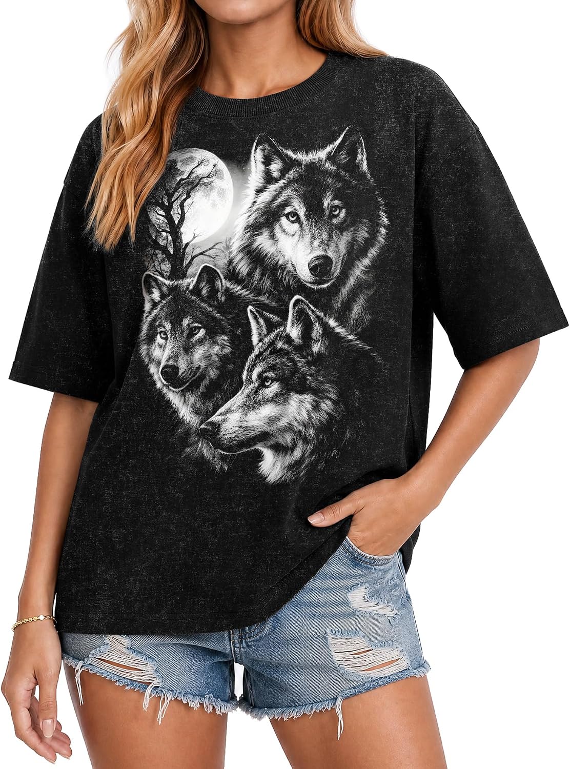 Women Dinosaur Shirt Retro Wolf Graphic T-Shirt Vintage Tee - Black-04