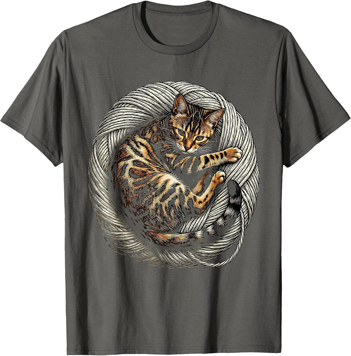 Men's Bengal Cat Tangled in Yarn Ball Graphic Tee T-Shirt - Asphalt Grey