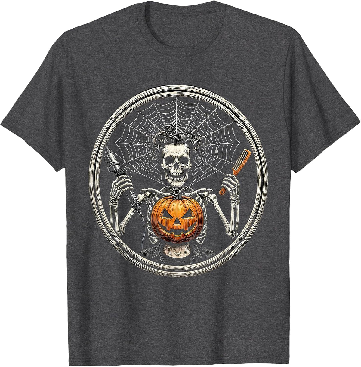 Men's Skeleton Hairstylist Pumpkin Barber Halloween Humor T-Shirt - Dark Heather Grey