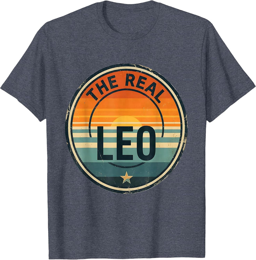 THE REAL LEO Retro Travel Sticker Vintage Name Badge T-Shirt - Heather Blue