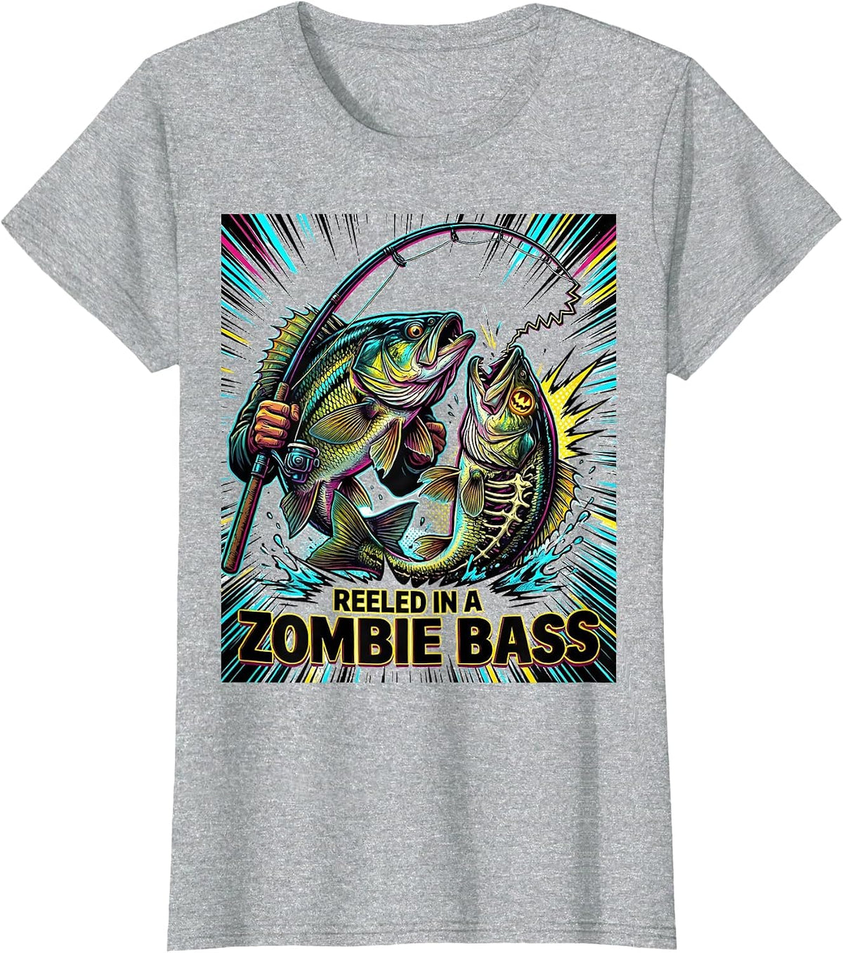 Reeled In A Zombie Bass Pop Art Halloween Fishing Men Boys T-Shirt - Heather Grey