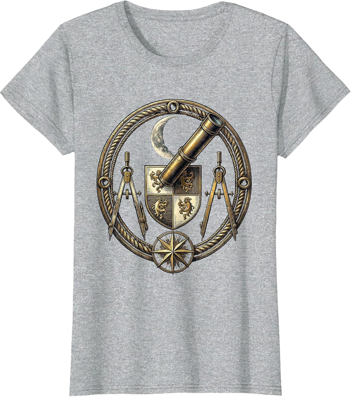 Renaissance Astronomer Telescope Crescent Moon Art T-Shirt - Heather Grey