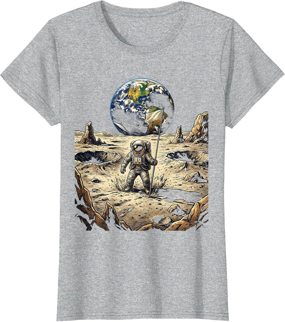 Astronaut Planting Flag on the Moon Illustration T-Shirt - Heather Grey