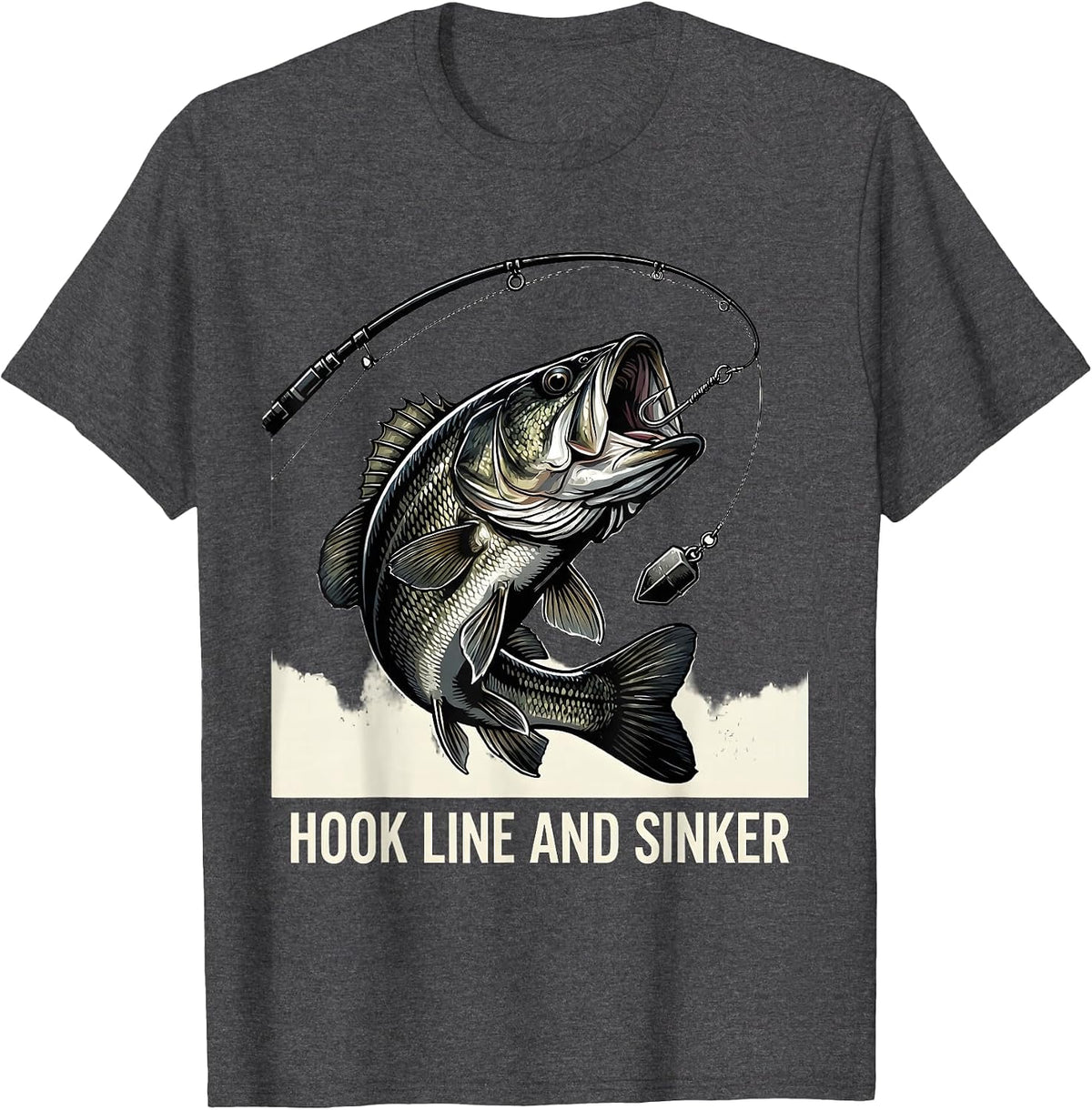 Hook Line and Sinker Bass Fishing Design T-Shirt - Dark Heather Grey
