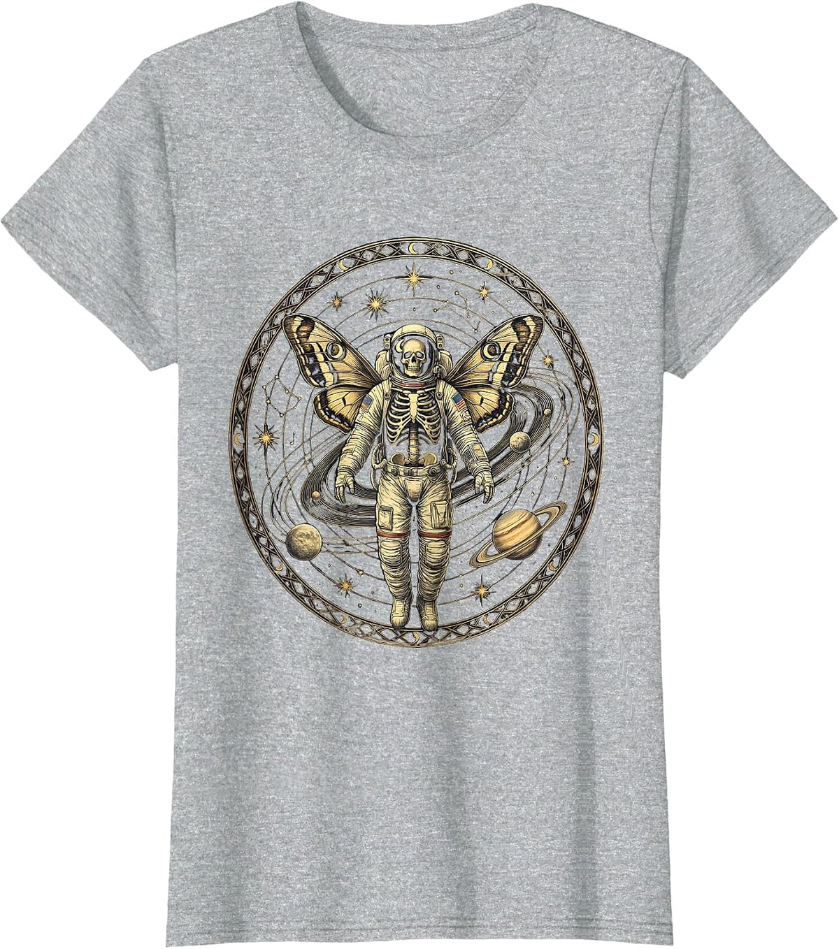 Skeleton Astronaut Floating in Space Illustration T-Shirt - Heather Grey