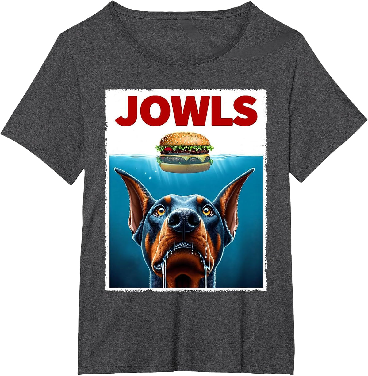 Funny Doberman Pinscher and Hamburger Parody Jowls Dog Lover T-Shirt - Dark Heather Grey