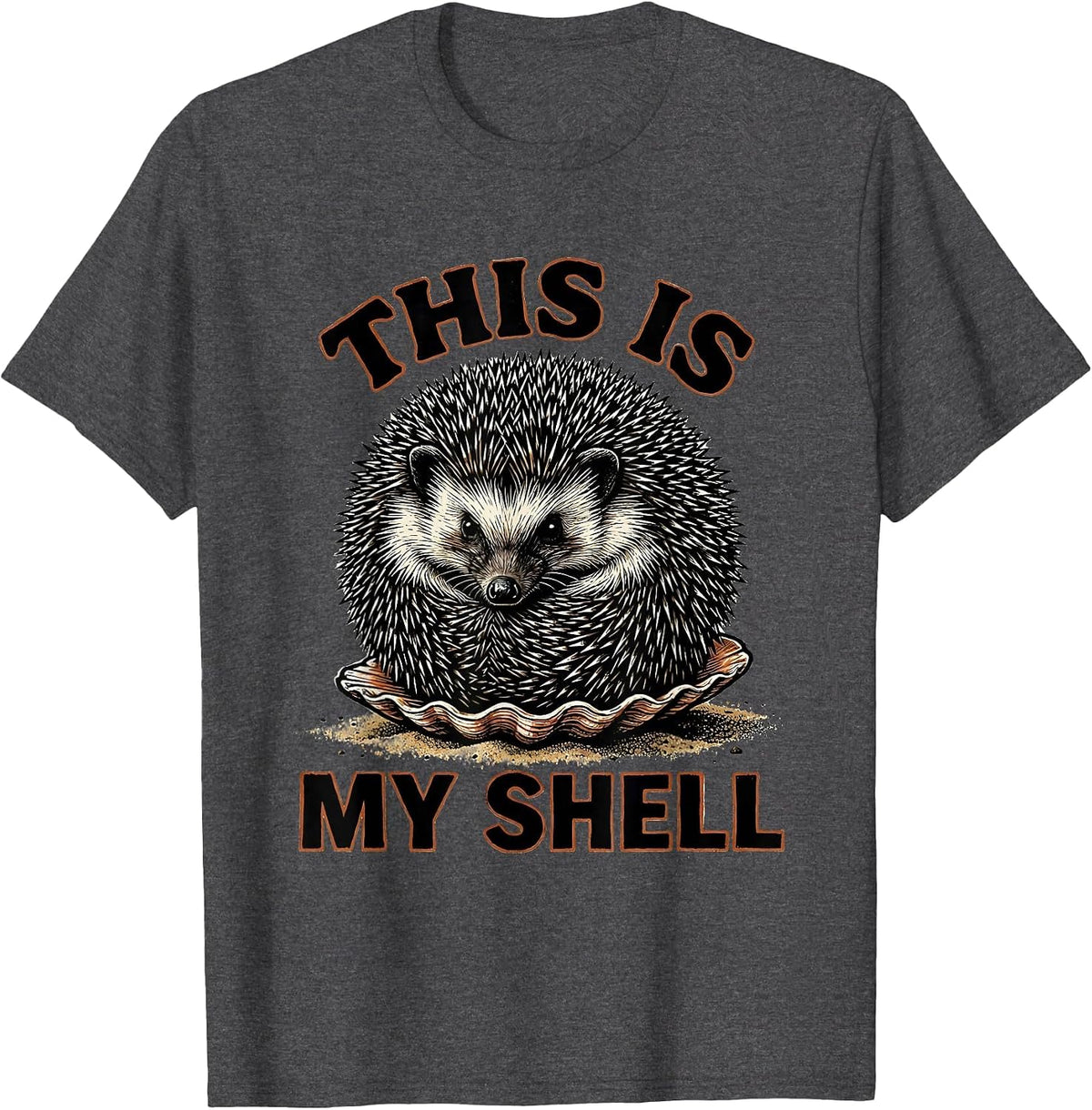 Men's This Is My Shell Linocut Funny Hedgehog Lover Quirky Humor T-Shirt - Dark Heather Grey