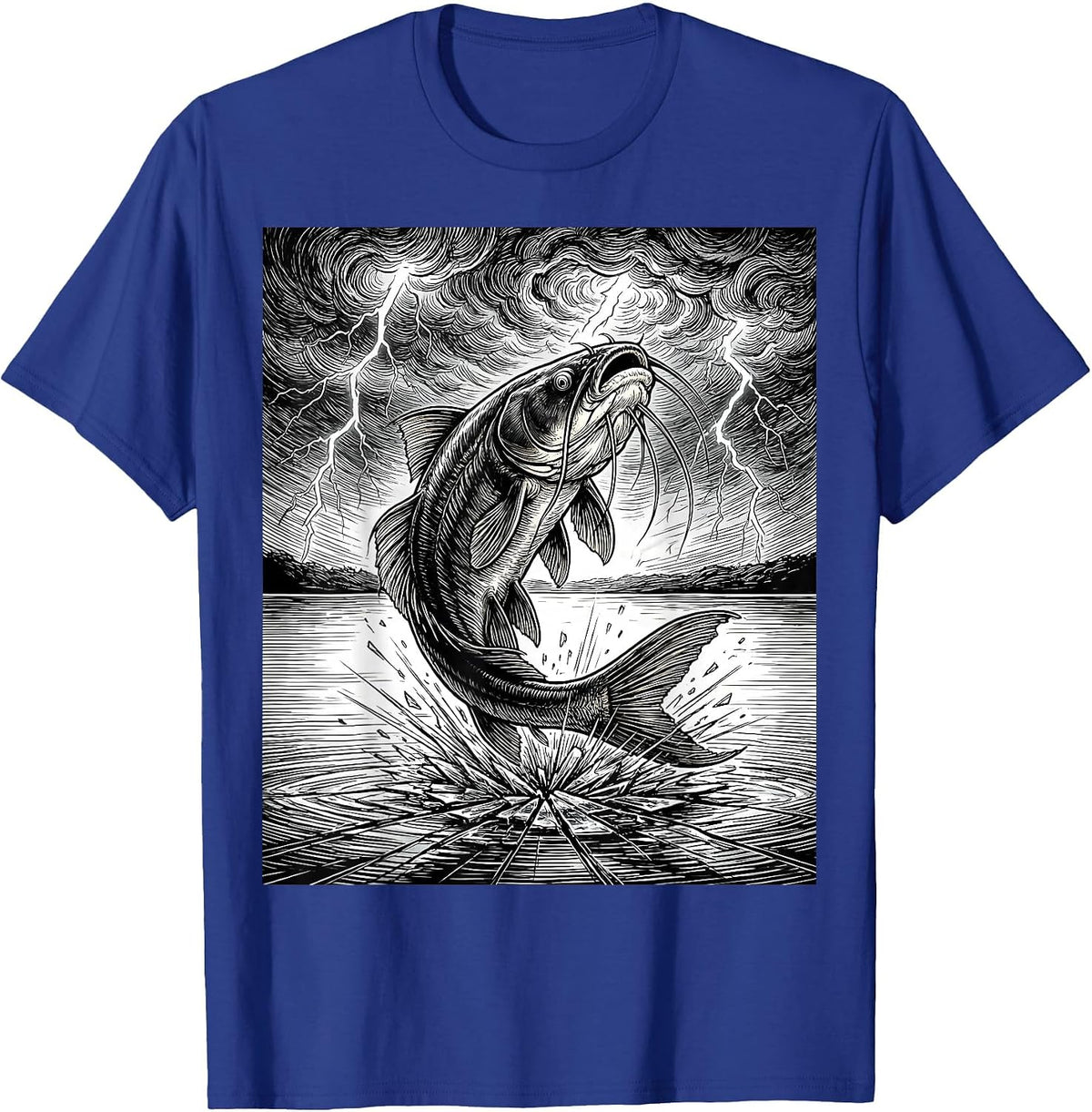 Men's Catfish Leaping From Lake Into Storm Graphic T-Shirt - Royal Blue