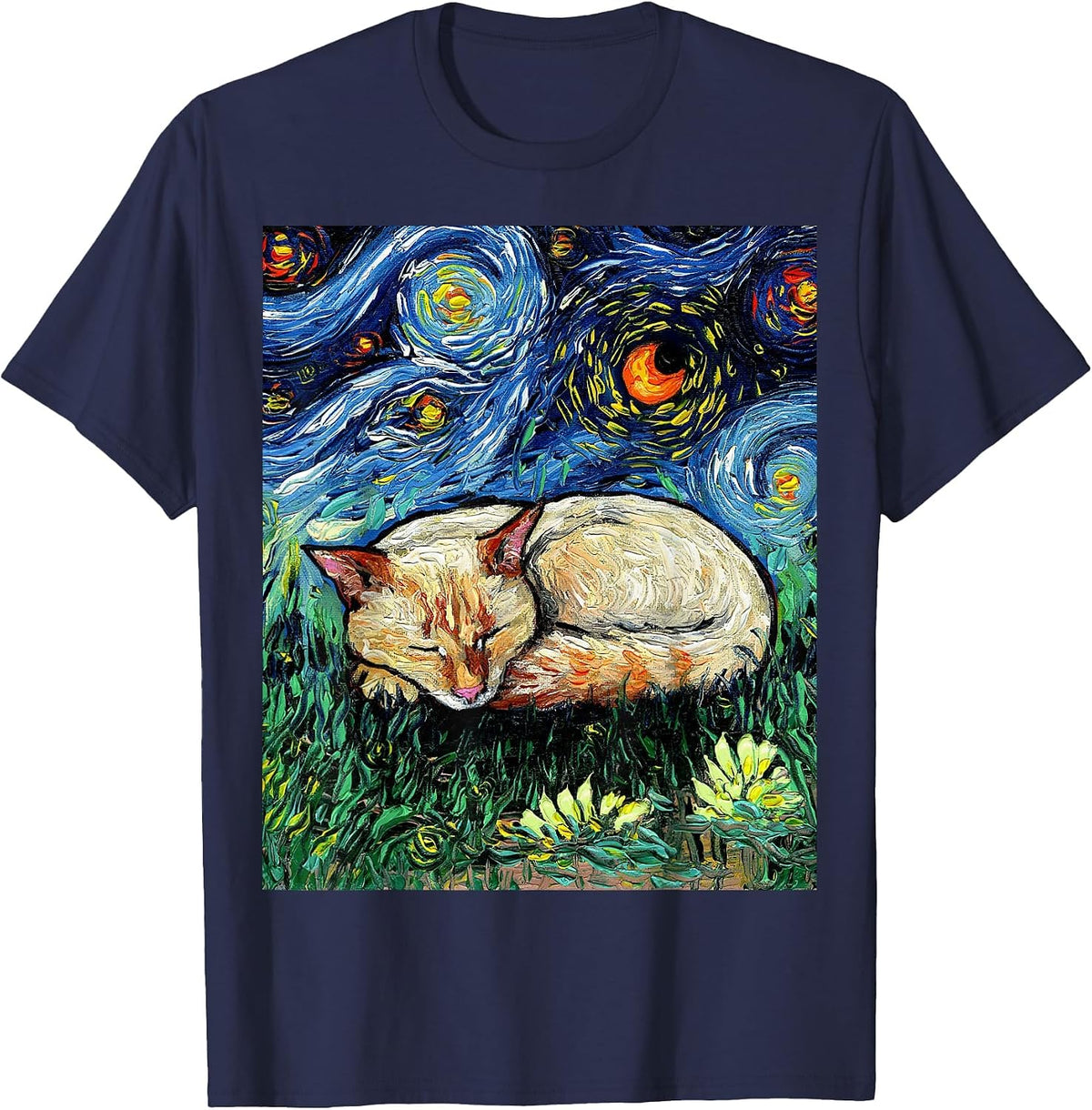 Sleeping Flame Point Siamese Cat Starry Night Artwork T-Shirt - Navy Blue