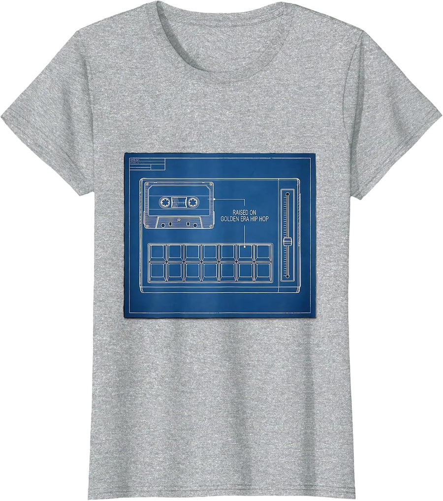 Raised On Golden Era Hip Hop Retro Cassette Sampling T-Shirt - Heather Grey