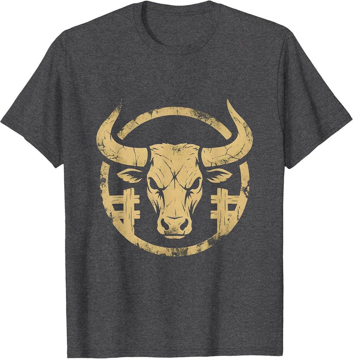 Men's Bull Bursting Through Rodeo Gate Graphic Tee T-Shirt - Dark Heather Grey