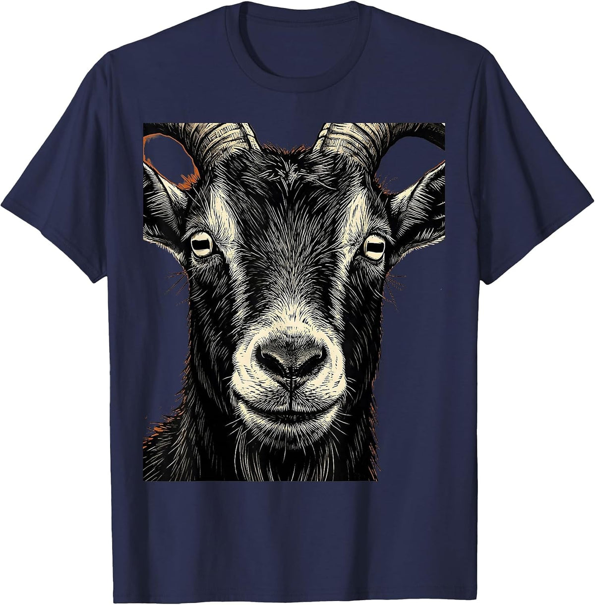 Close-Up Goat Face Rectangular Pupils Graphic T-Shirt - Navy Blue