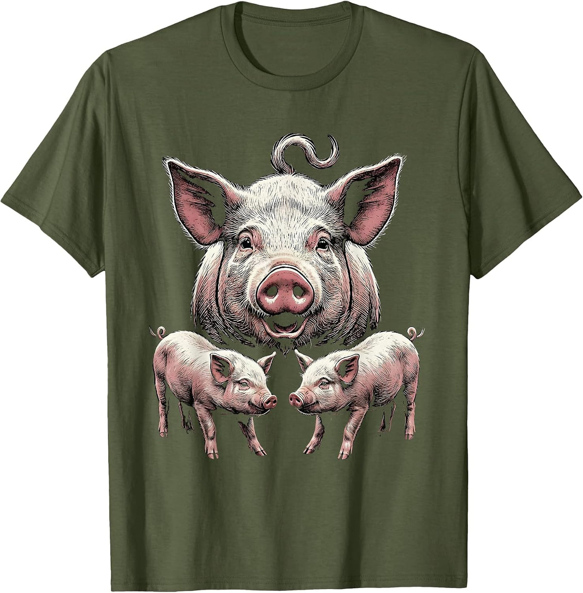 Men's Proud Pig Family Woodcut Engraving Farm Animal Lover Humor T-Shirt - Olive Green